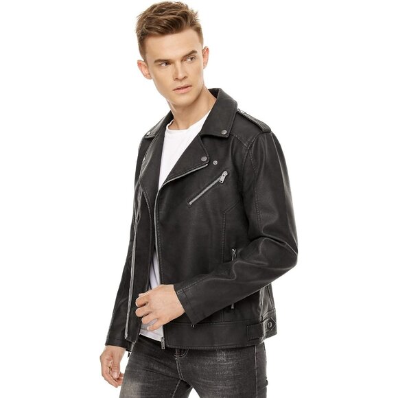 Men Black Faux Leather Biker Jacket Slim Fit Motorcycle Bomber Zip Up Coat - Picture 4 of 6
